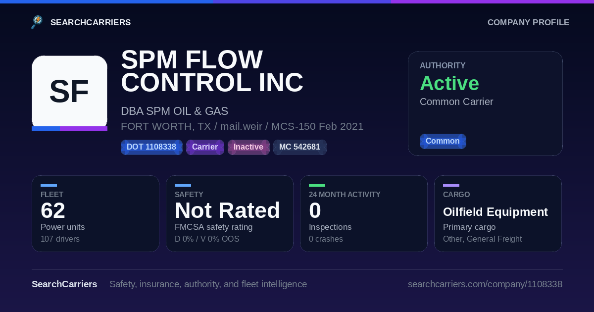 SPM FLOW CONTROL INC (DOT 1108338) - SearchCarriers