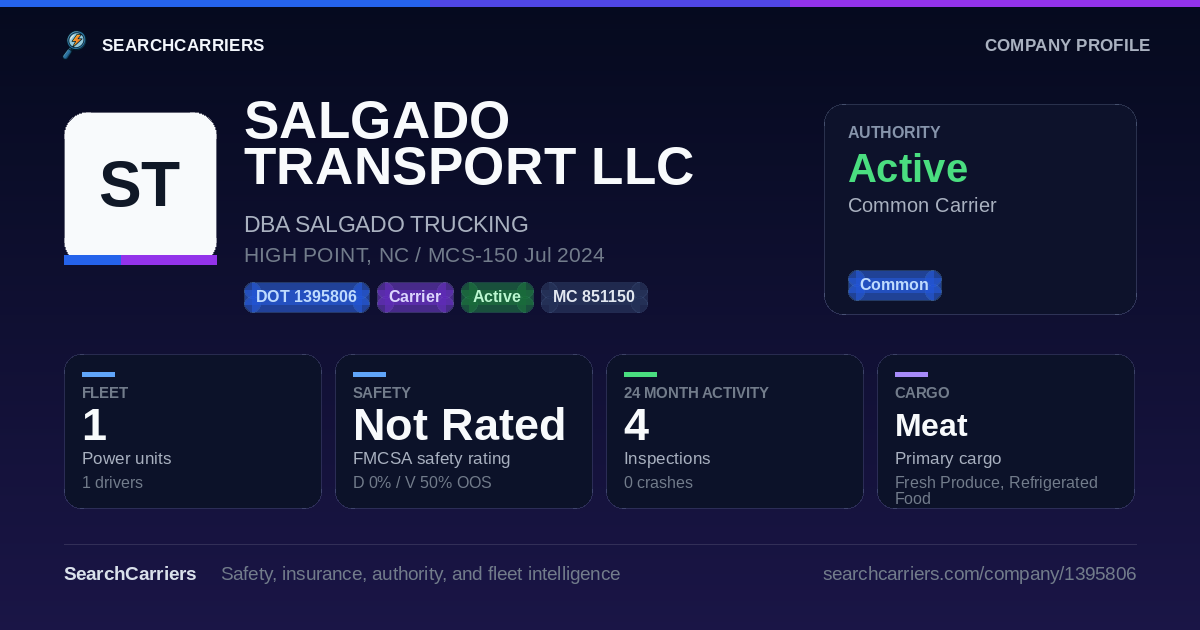 SALGADO TRANSPORT LLC (DOT 1395806) - SearchCarriers