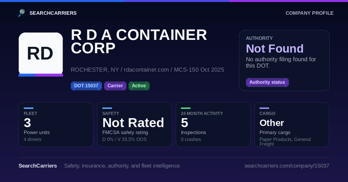 R D A CONTAINER CORP (DOT 15037) - SearchCarriers