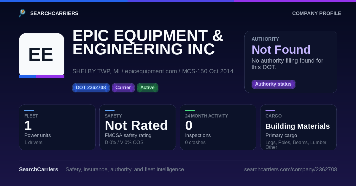 EPIC EQUIPMENT & ENGINEERING INC (DOT 2362708) - SearchCarriers