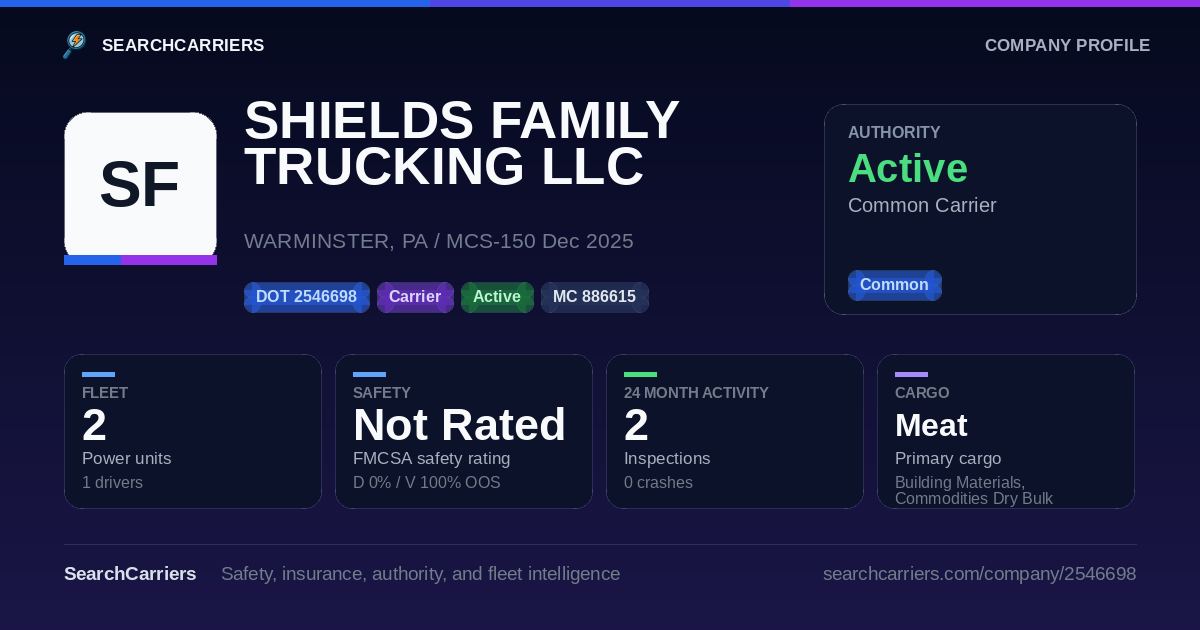 SHIELDS FAMILY TRUCKING LLC (DOT 2546698) - SearchCarriers