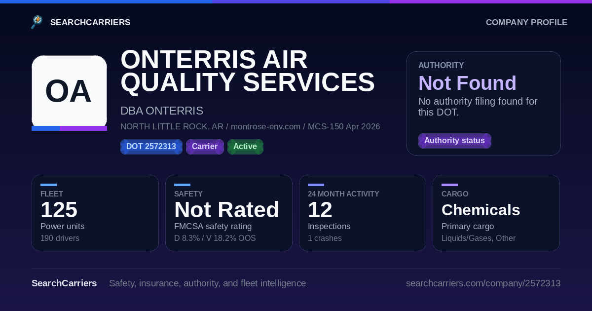 ONTERRIS AIR QUALITY SERVICES LLC (DOT 2572313) - SearchCarriers