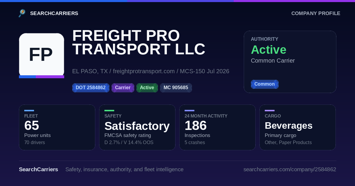 FREIGHT PRO TRANSPORT LLC (DOT 2584862) - SearchCarriers