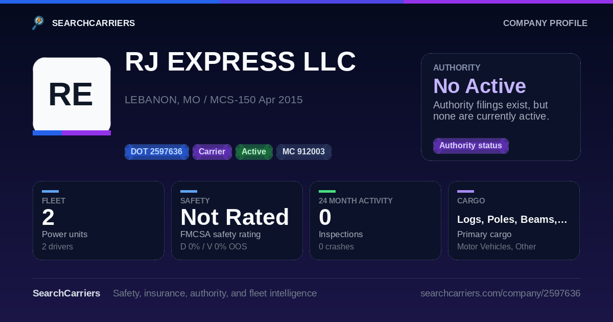 RJ EXPRESS LLC (DOT 2597636) - SearchCarriers
