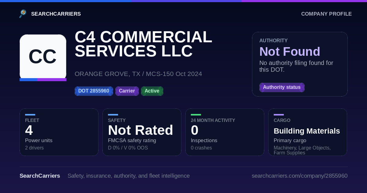 C4 COMMERCIAL SERVICES LLC (DOT 2855960) - SearchCarriers
