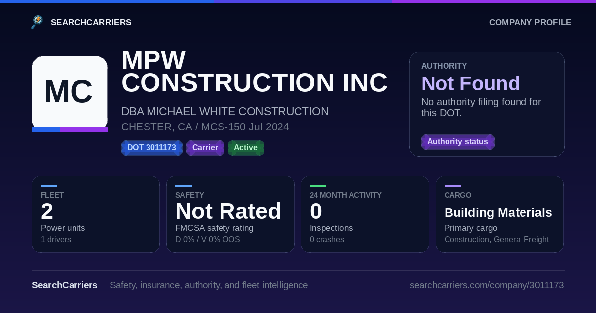 MPW CONSTRUCTION INC (DOT 3011173) - SearchCarriers