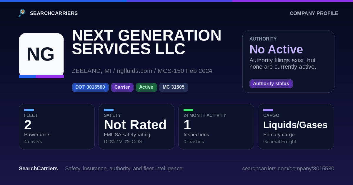 NEXT GENERATION SERVICES LLC (DOT 3015580) - SearchCarriers
