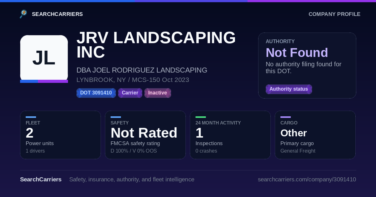 JRV LANDSCAPING INC (DOT 3091410) - SearchCarriers