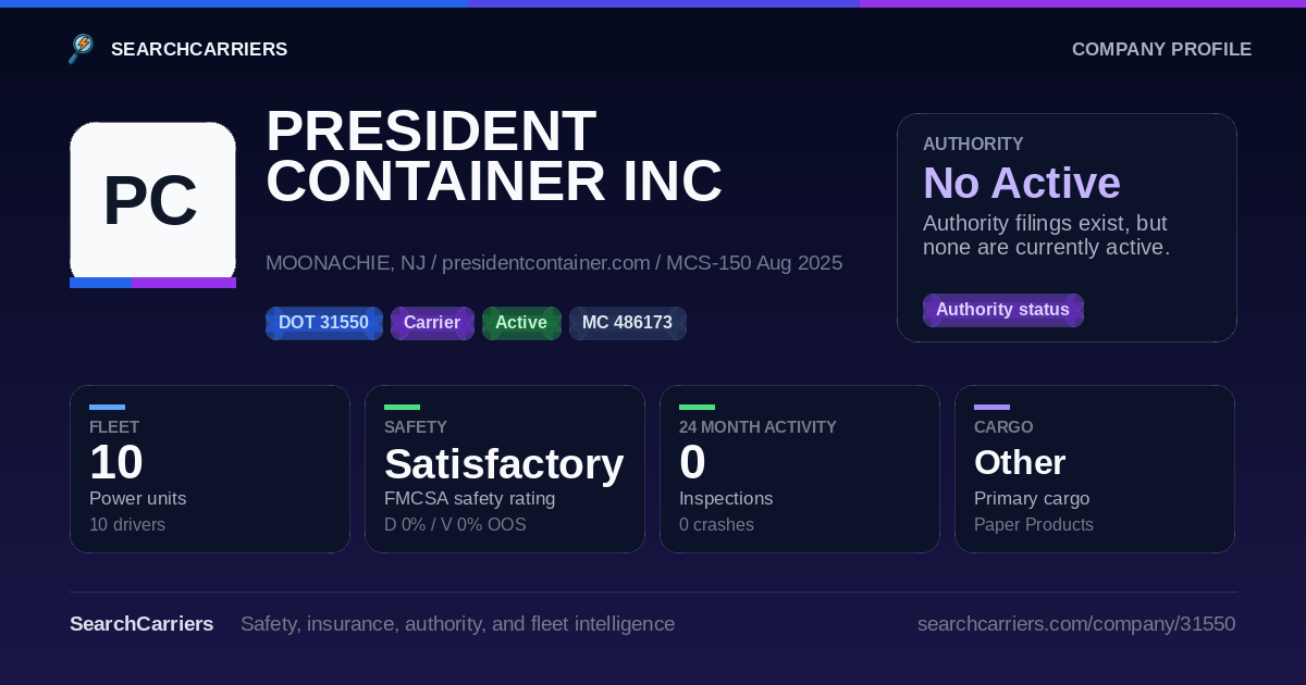 PRESIDENT CONTAINER INC (DOT 31550) - SearchCarriers