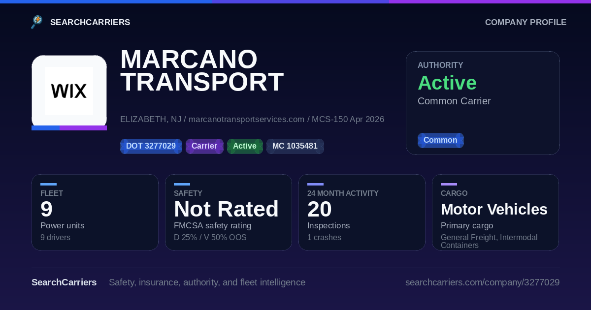 MARCANO TRANSPORT SERVICES LLC (DOT 3277029) - SearchCarriers