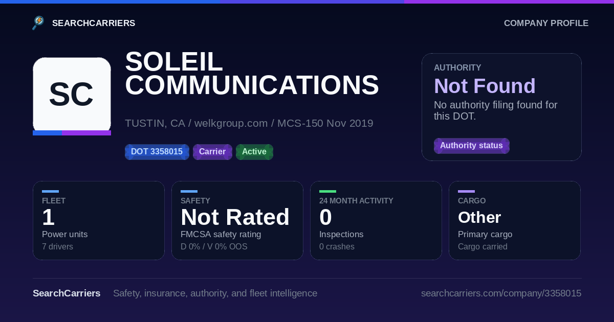 SOLEIL COMMUNICATIONS INC (DOT 3358015) - SearchCarriers