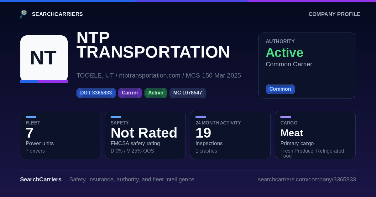 NTP TRANSPORTATION INC (DOT 3365833) - SearchCarriers