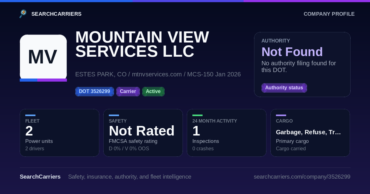 MOUNTAIN VIEW SERVICES LLC (DOT 3526299) - SearchCarriers