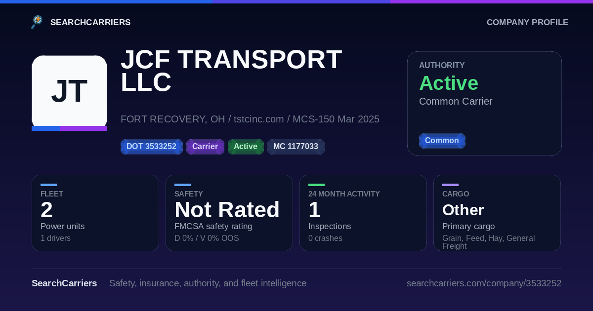JCF TRANSPORT LLC (DOT 3533252) - SearchCarriers