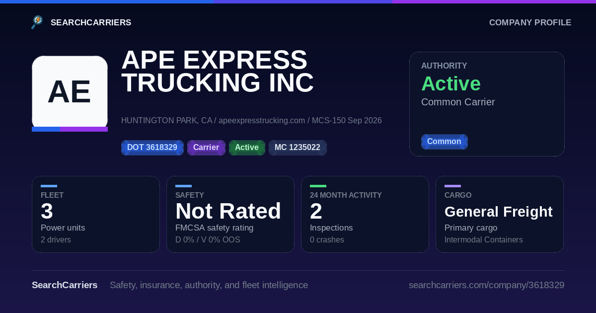 APE EXPRESS TRUCKING INC (DOT 3618329) - SearchCarriers