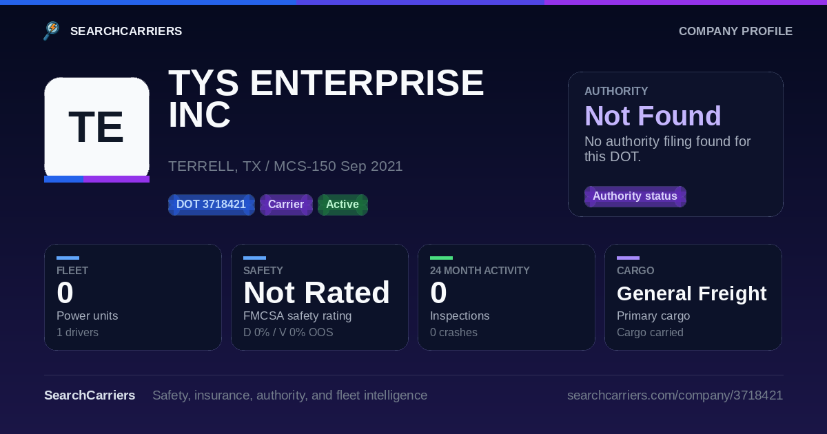 TYS ENTERPRISE INC (DOT 3718421) - SearchCarriers