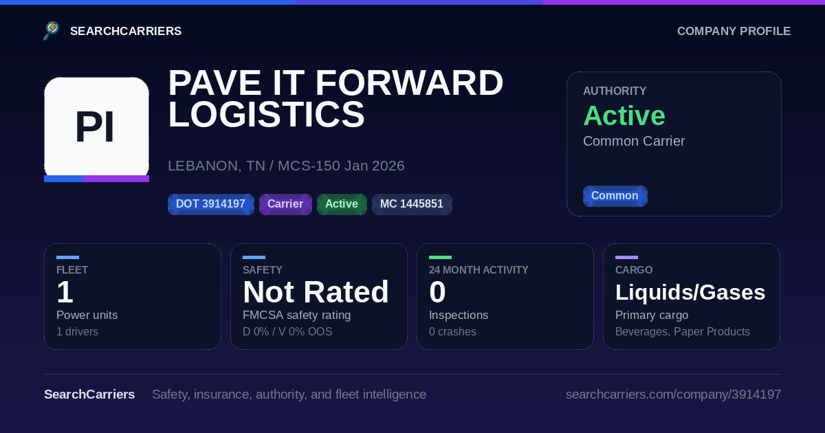 PAVE IT FORWARD LOGISTICS (DOT 3914197) - SearchCarriers