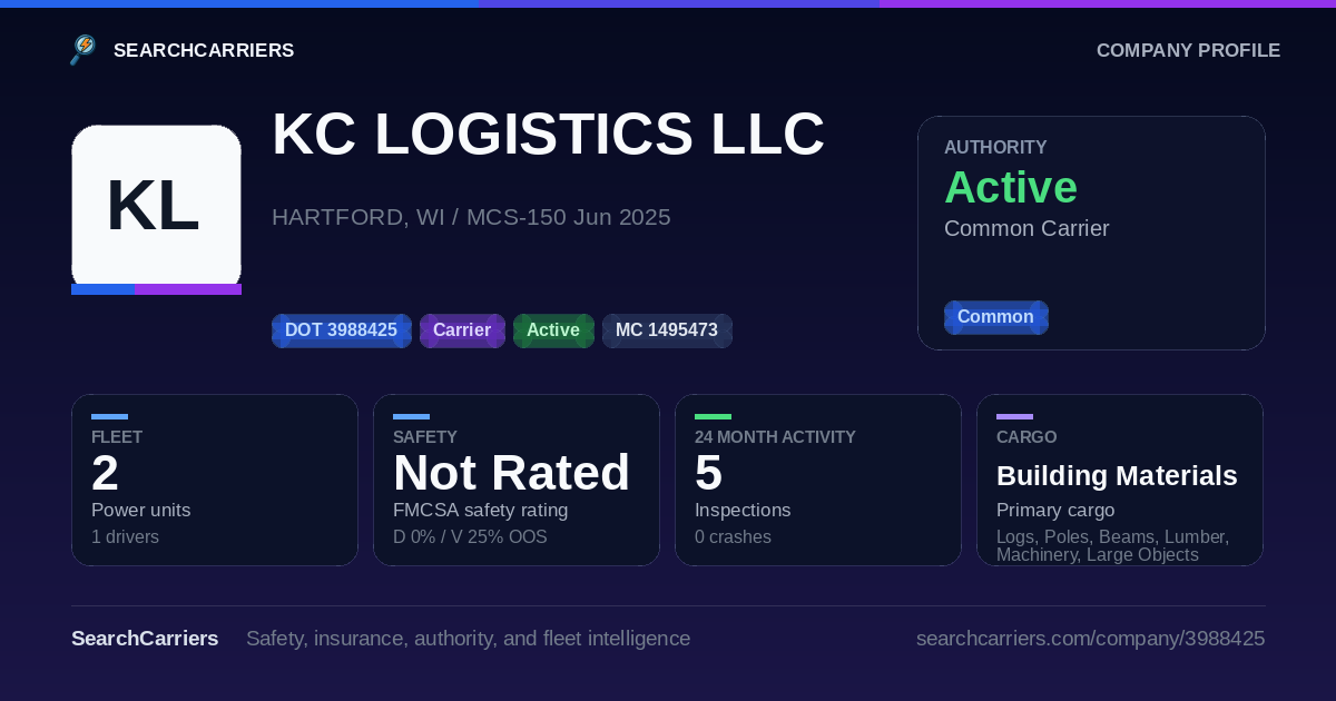 KC LOGISTICS LLC (DOT 3988425) - SearchCarriers