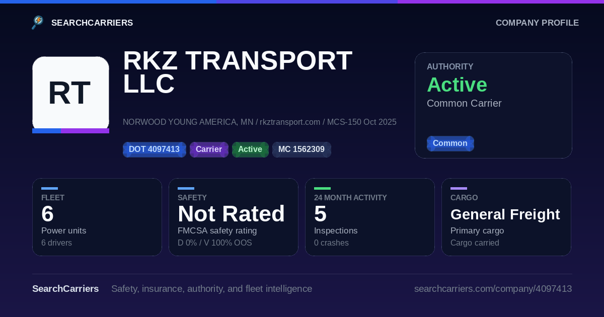 RKZ TRANSPORT LLC (DOT 4097413) - SearchCarriers