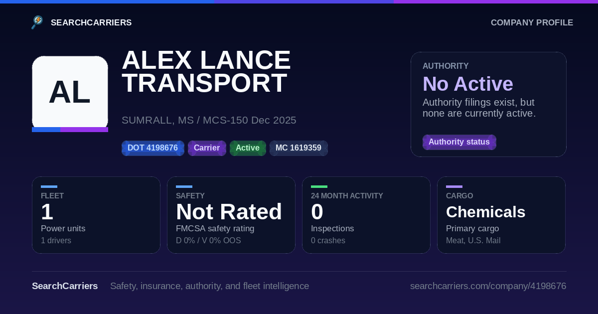 ALEX LANCE TRANSPORT SERVICES LLC (DOT 4198676) - SearchCarriers