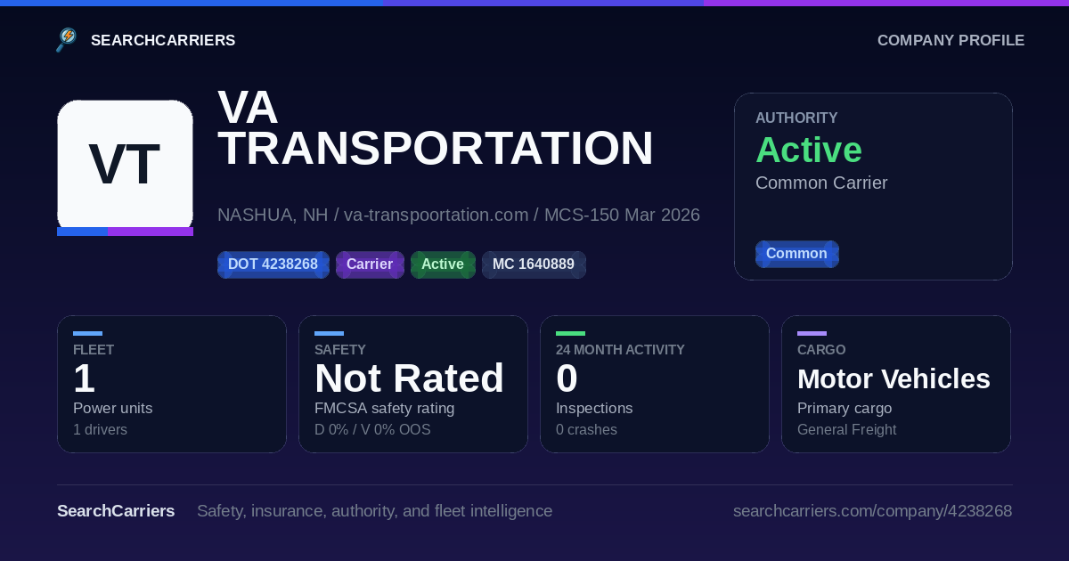 VA TRANSPORTATION INC (DOT 4238268) - SearchCarriers