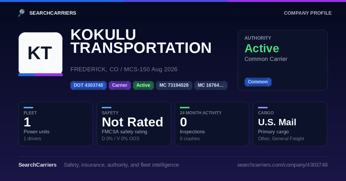 KOKULU TRANSPORTATION LLC (DOT 4303748) - SearchCarriers