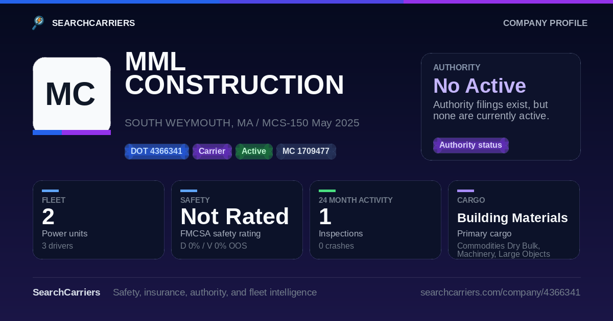 MML CONSTRUCTION LLC (DOT 4366341) - SearchCarriers