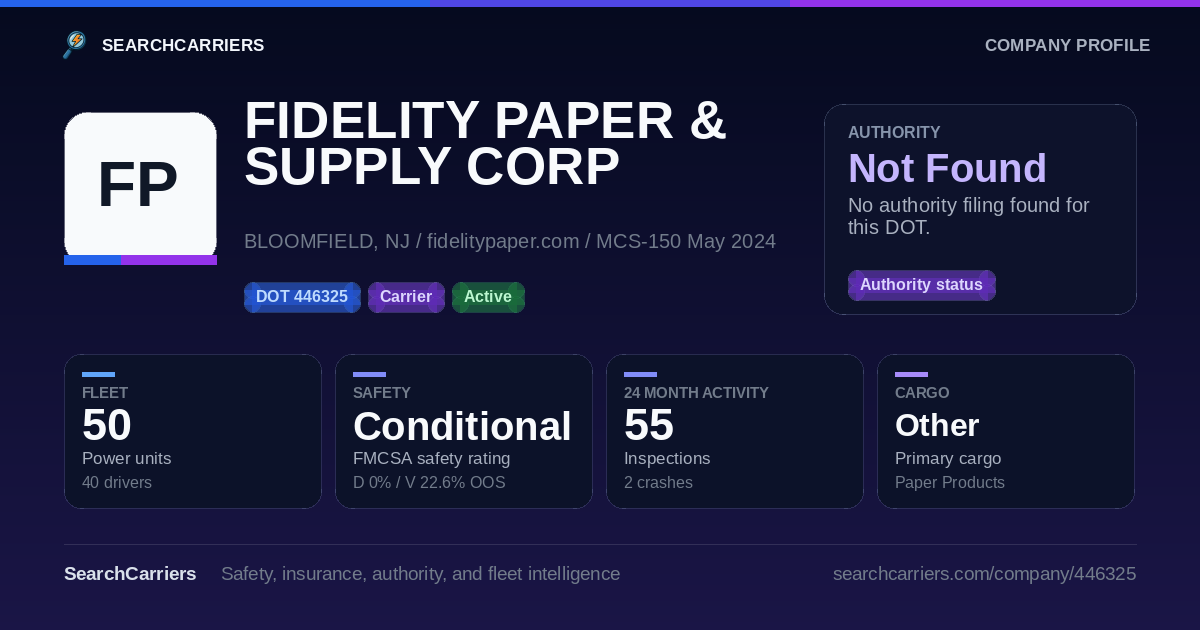 FIDELITY PAPER & SUPPLY CORP (DOT 446325) - SearchCarriers
