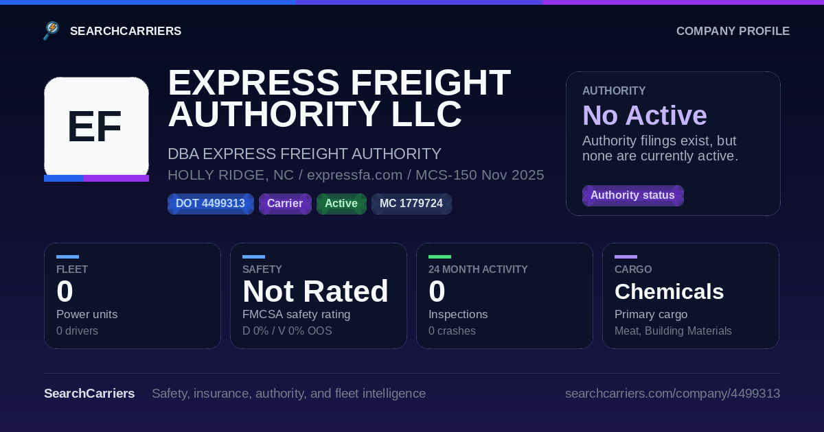 EXPRESS FREIGHT AUTHORITY LLC (DOT 4499313) - SearchCarriers