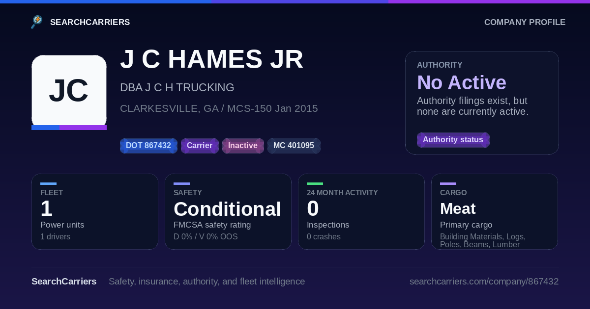 J C HAMES JR (DOT 867432) - SearchCarriers