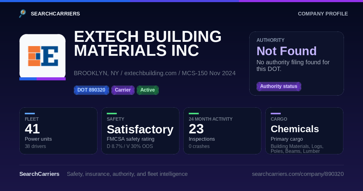EXTECH BUILDING MATERIALS INC (DOT 890320) - SearchCarriers