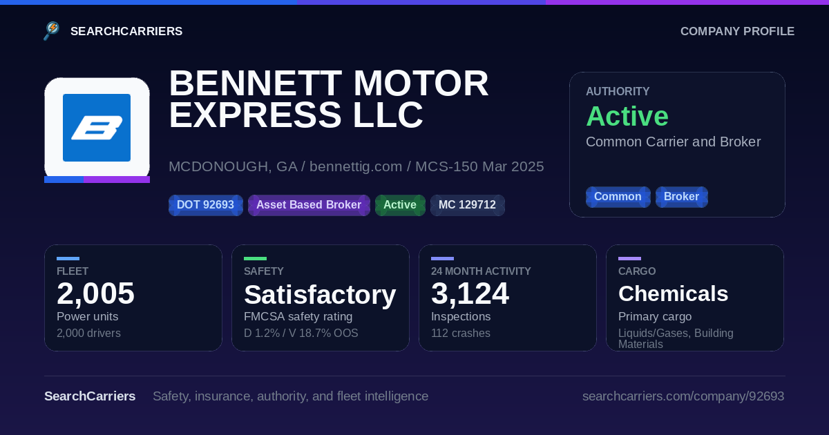 BENNETT MOTOR EXPRESS LLC (DOT 92693) - SearchCarriers