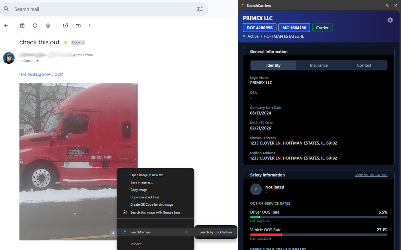 SearchCarriers browser extension showing carrier data in a popup overlay